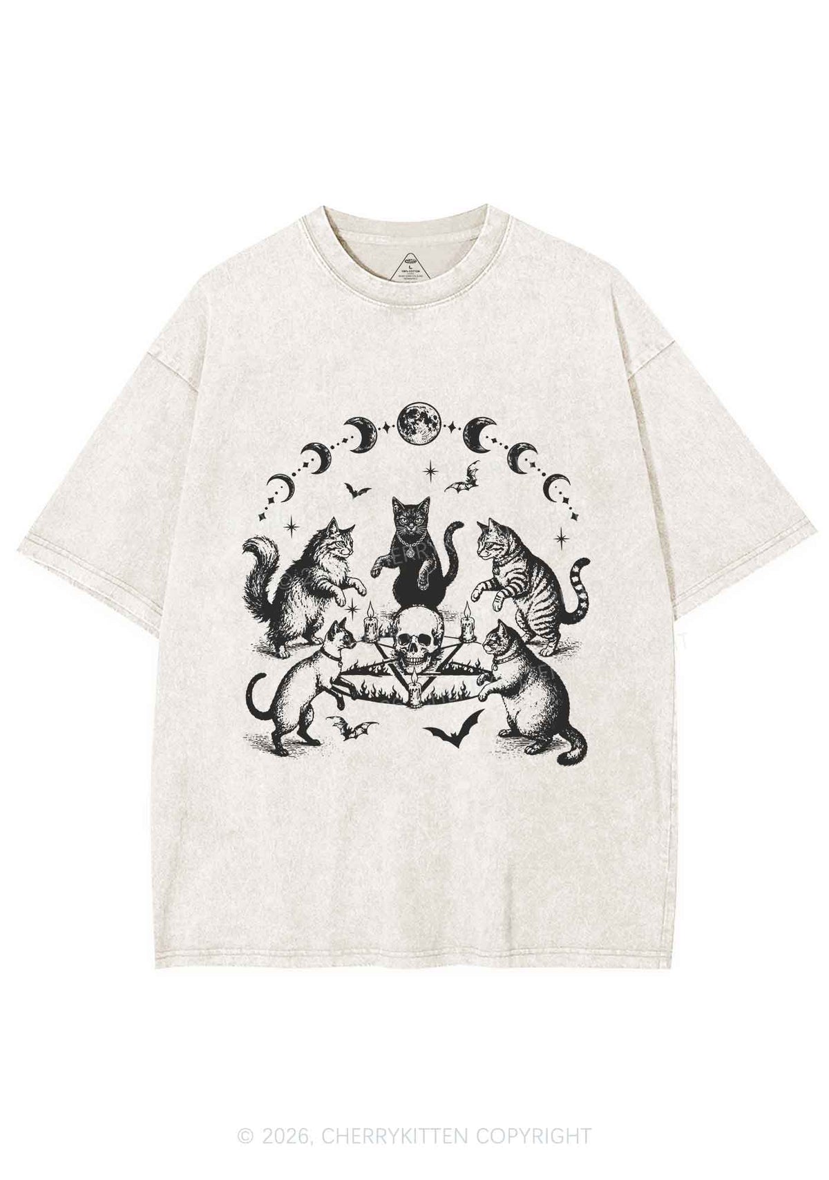 Halloween Cats Moon Phase Skull Y2K Shirts Washed Tee Cherrykitten
