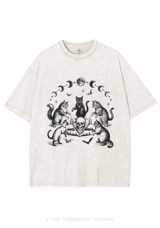 Halloween Cats Moon Phase Skull Y2K Shirts Washed Tee Cherrykitten
