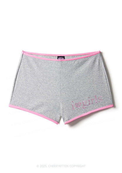Rhinestone Pink I Love Girls Y2K Booty Shorts Cherrykitten