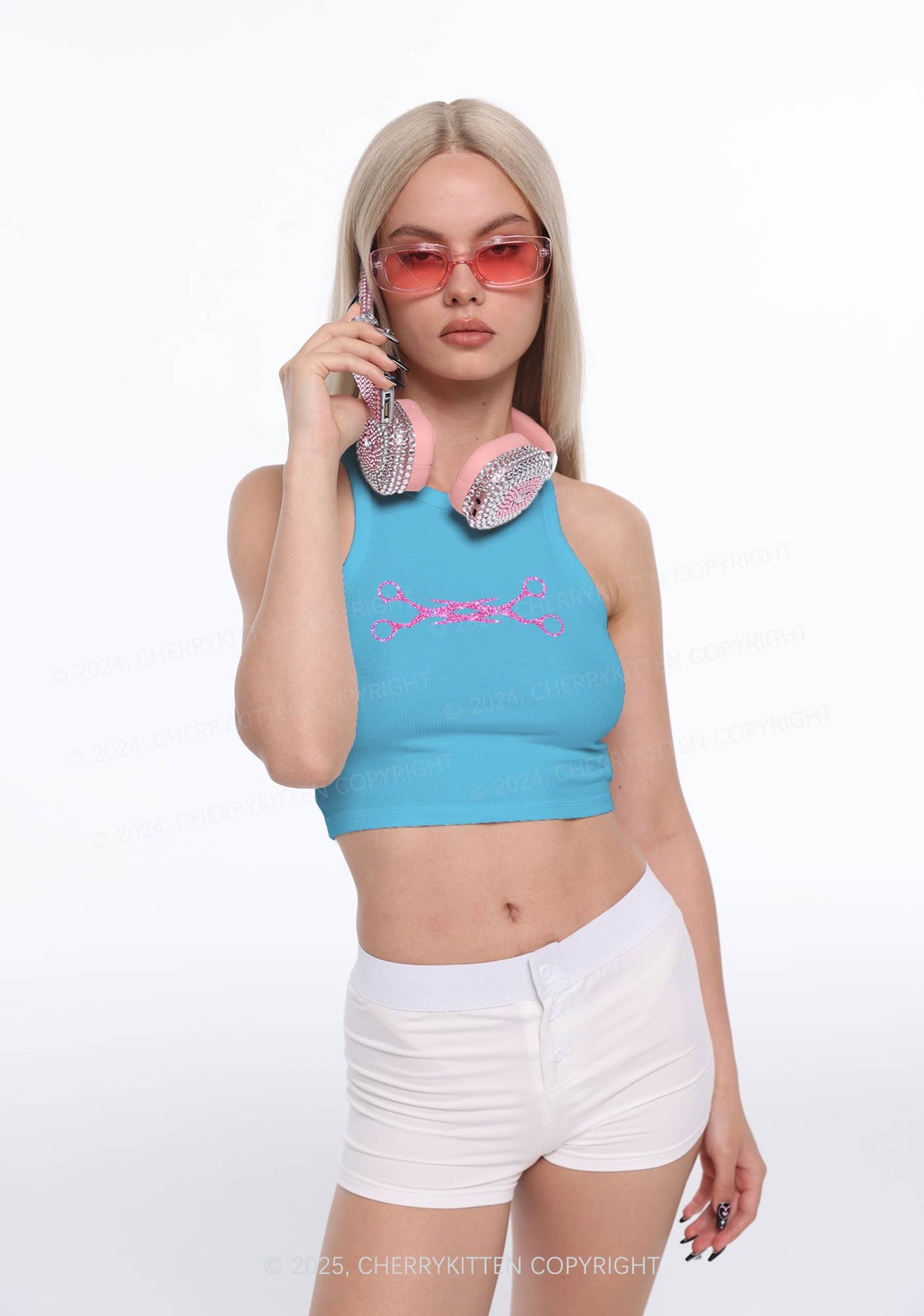 Glitter Pink Scissor Pride Y2K Crop Tank Top Cherrykitten