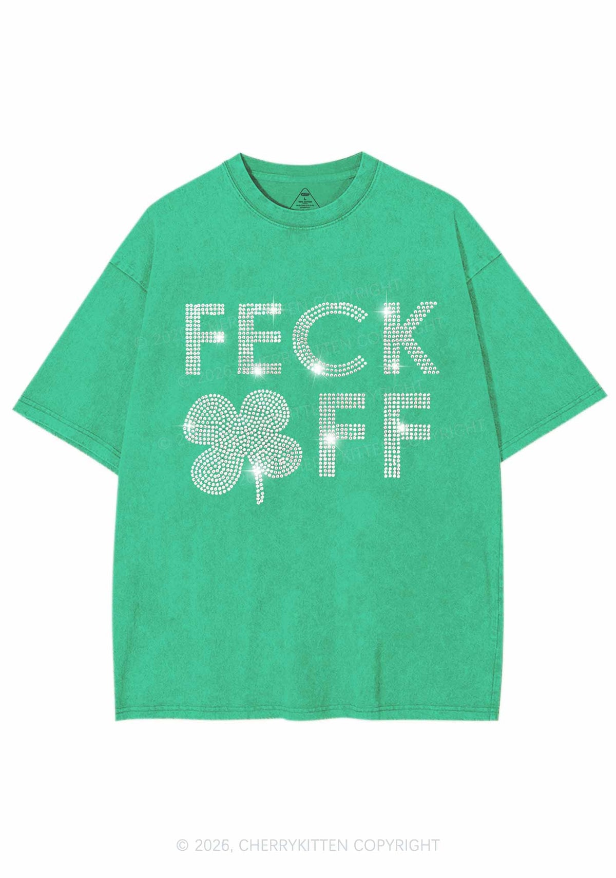 Rhinestone Feck Off St Patricks Y2K Shirts Washed Tee Cherrykitten