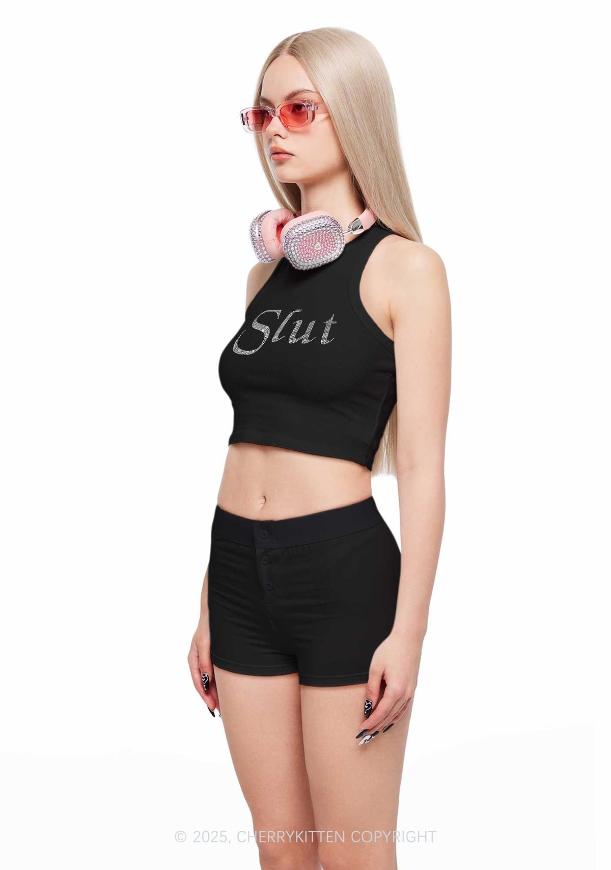 Rhinestone Slxt Y2K Crop Tank Top Cherrykitten