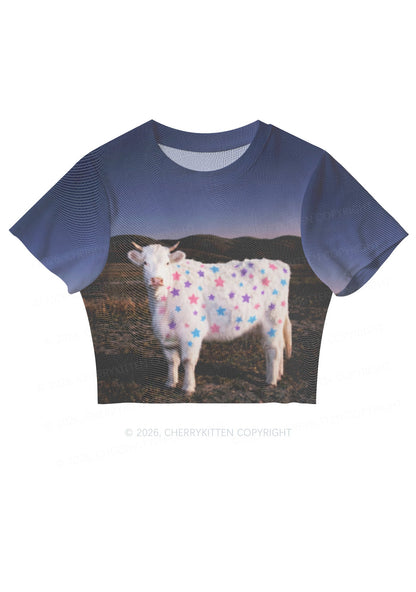 Pastel Star Cow Y2K Mesh Crop Top Cherrykitten