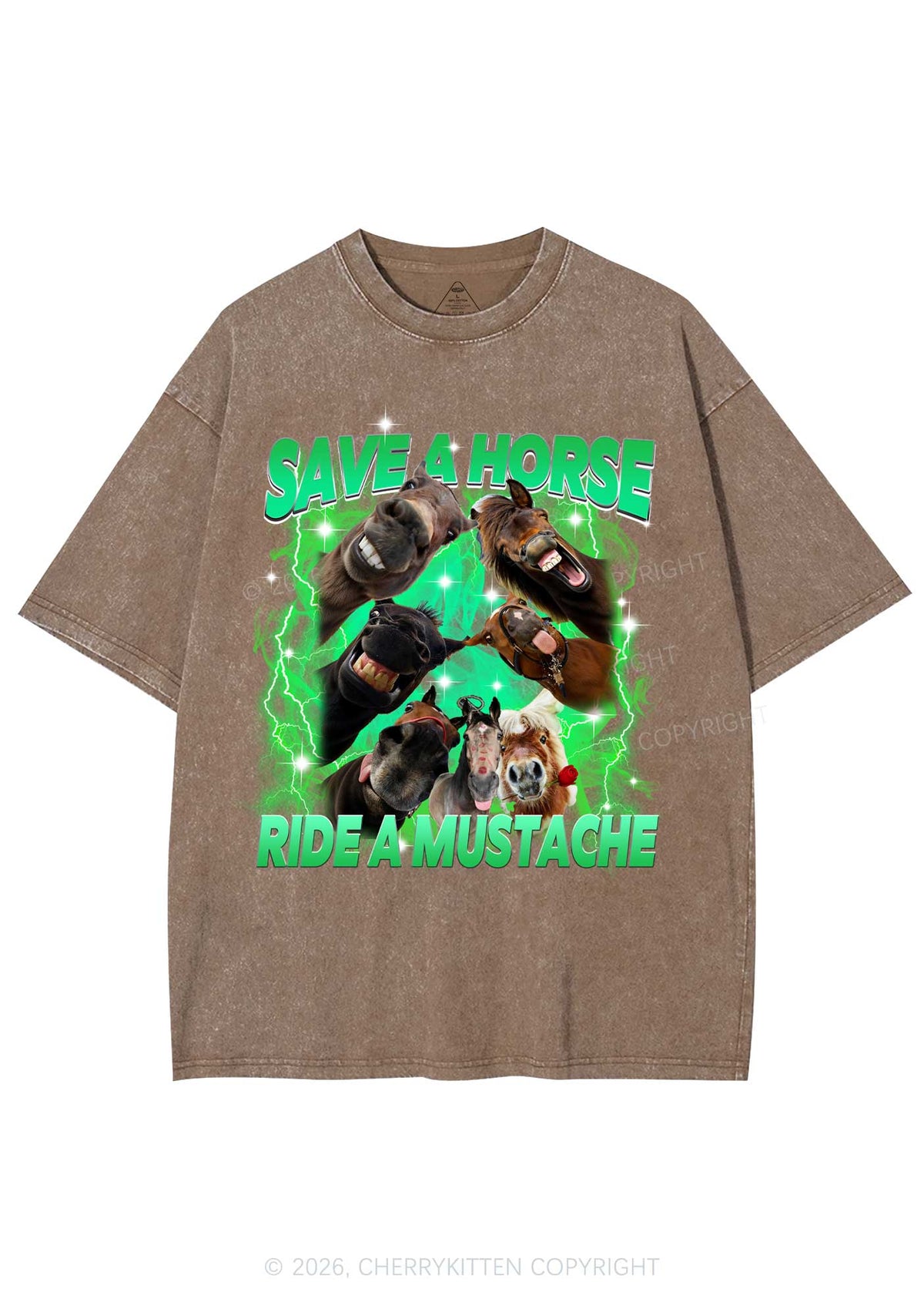 Save Horse Ride Mustache Y2K Shirts Washed Tee Cherrykitten