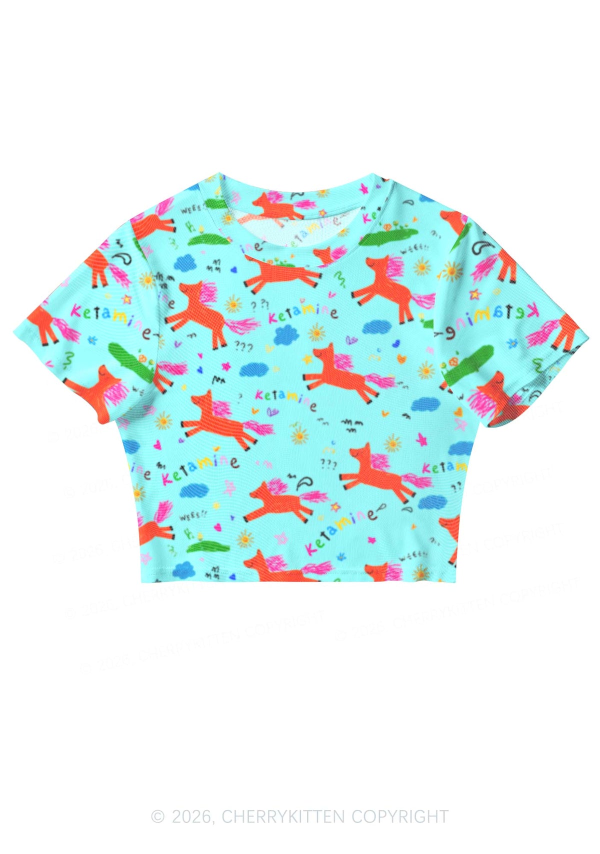 Orange Pony On Mint Green Y2K Mesh Crop Top Cherrykitten