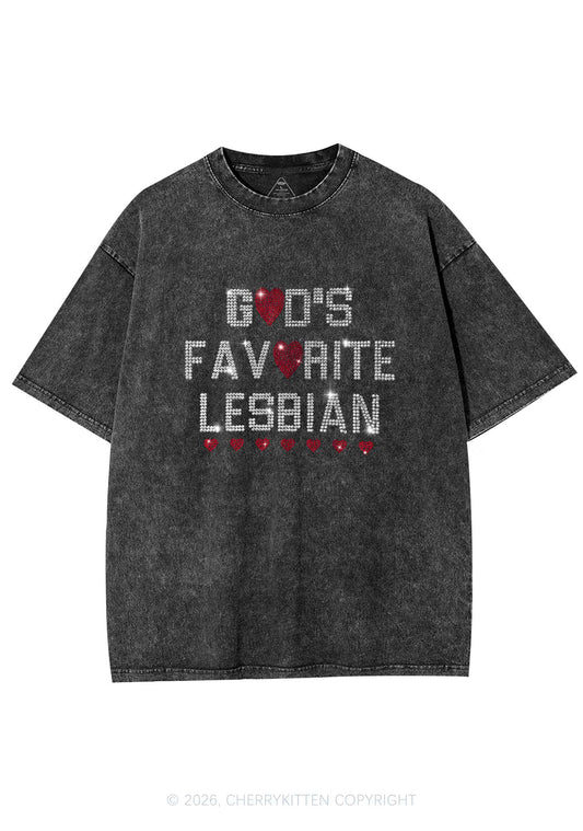 Rhinestone Gods Favorite Lesbian Pride Y2K Shirts Washed Tee Cherrykitten