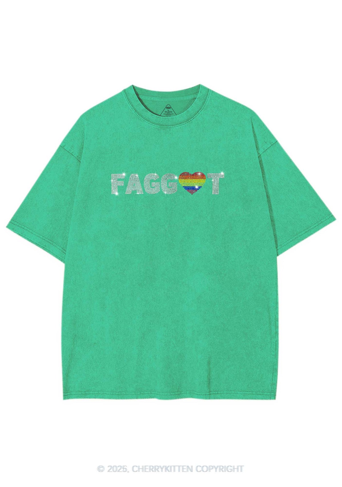 Rhinestone Rainbow Heart Faggot Pride Y2K Shirts Washed Tee Cherrykitten