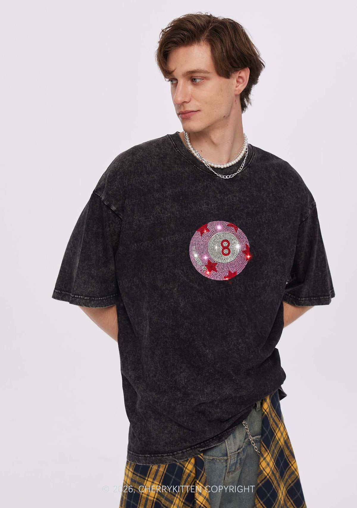 Rhinestone Pink Eight Ball Star Y2K Shirts Washed Tee Cherrykitten