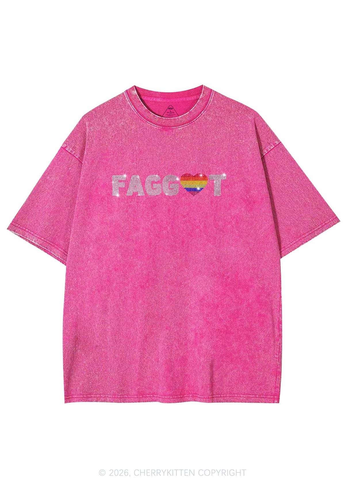 Rhinestone Rainbow Heart Faggot Pride Y2K Shirts Washed Tee Cherrykitten