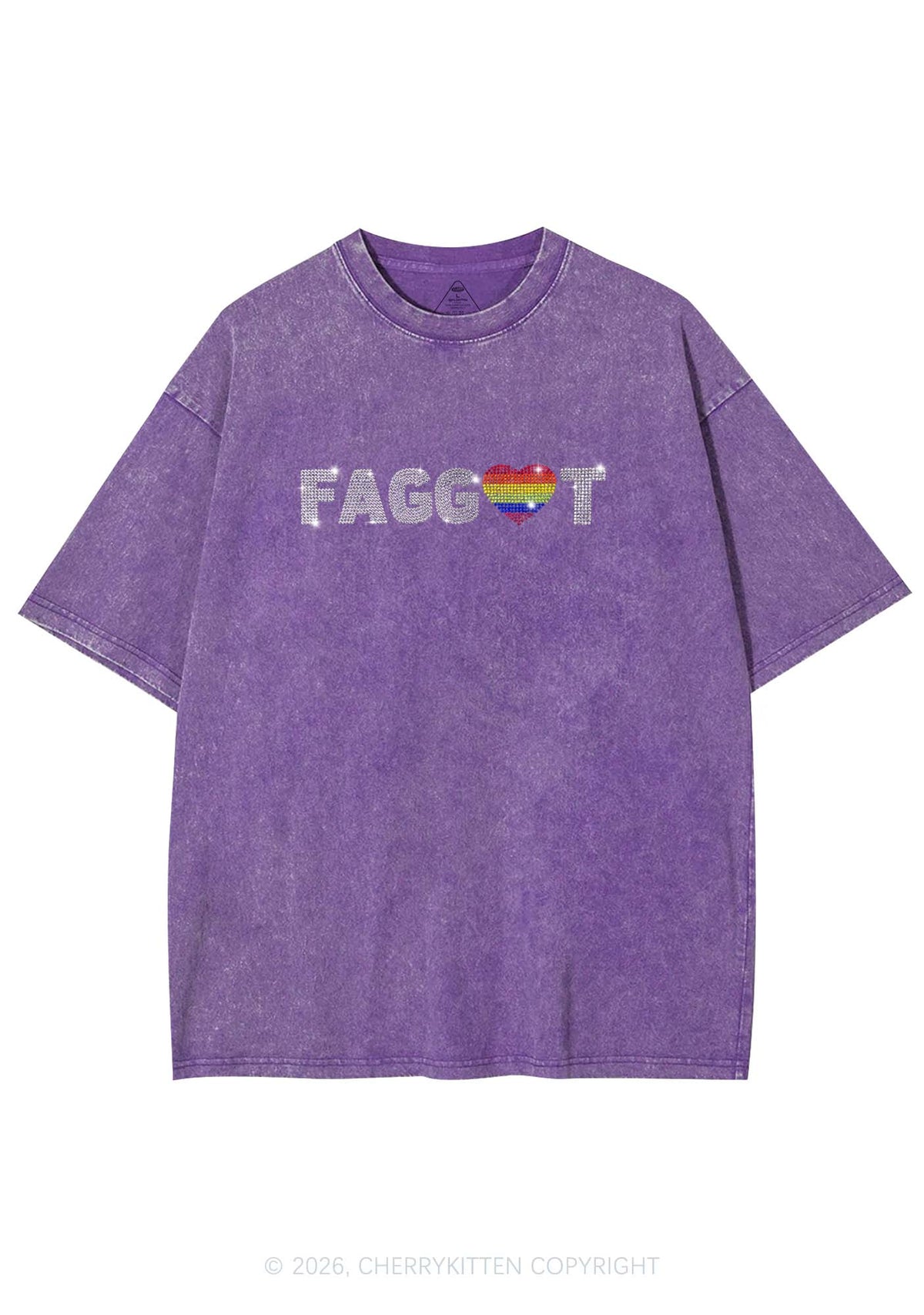 Rhinestone Rainbow Heart Faggot Pride Y2K Shirts Washed Tee Cherrykitten