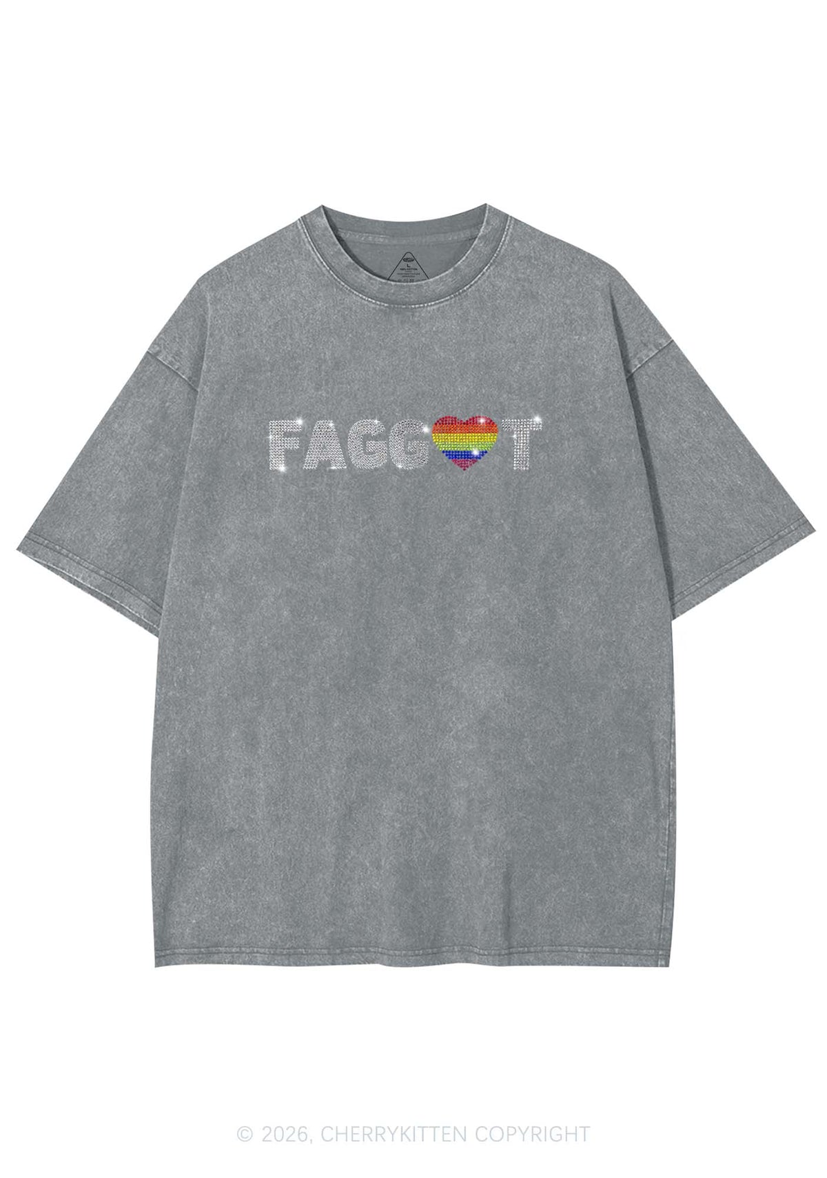 Rhinestone Rainbow Heart Faggot Pride Y2K Shirts Washed Tee Cherrykitten