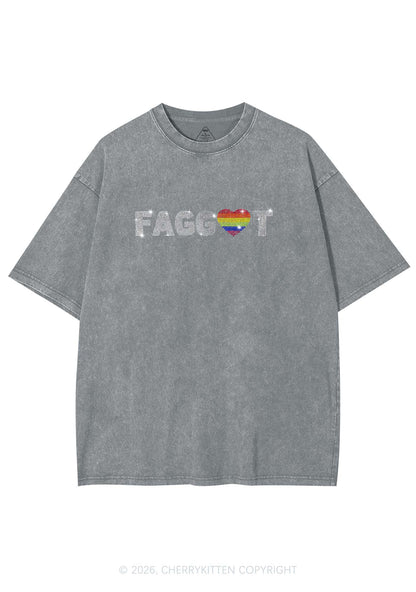 Rhinestone Rainbow Heart Faggot Pride Y2K Shirts Washed Tee Cherrykitten
