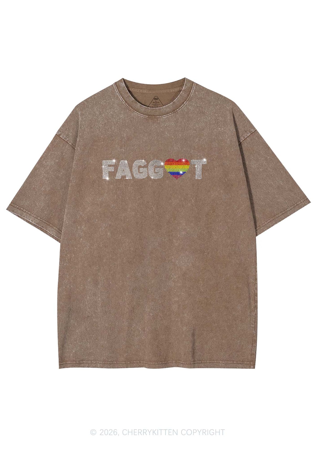 Rhinestone Rainbow Heart Faggot Pride Y2K Shirts Washed Tee Cherrykitten