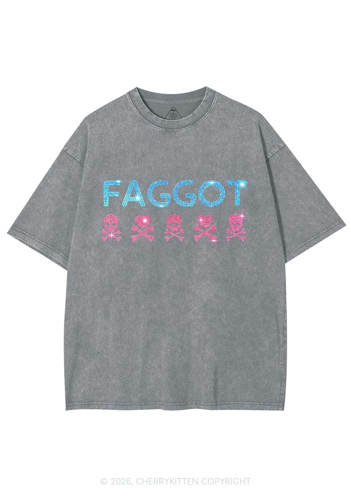 Rhinestone Faggot Skull Pride Y2K Shirts Washed Tee Cherrykitten
