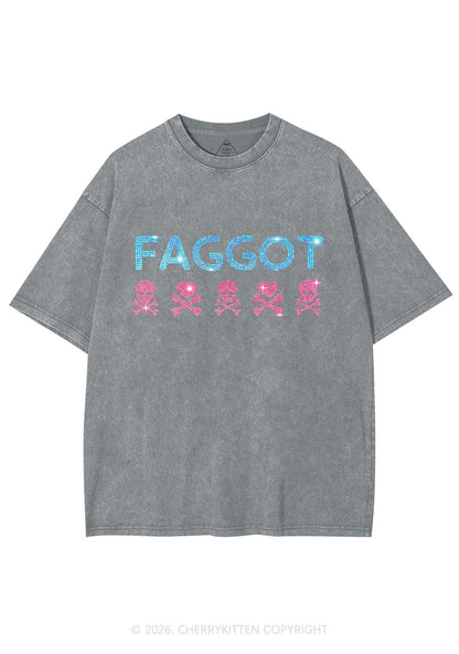 Rhinestone Faggot Skull Pride Y2K Shirts Washed Tee Cherrykitten