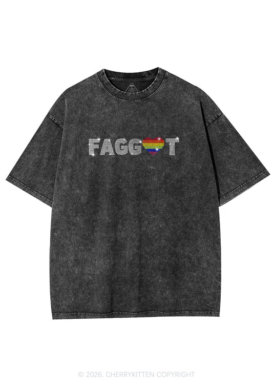 Rhinestone Rainbow Heart Faggot Pride Y2K Shirts Washed Tee Cherrykitten
