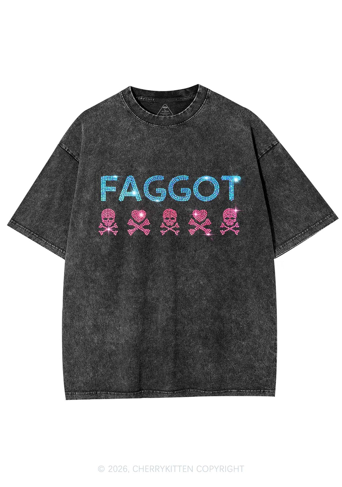 Rhinestone Faggot Skull Pride Y2K Shirts Washed Tee Cherrykitten