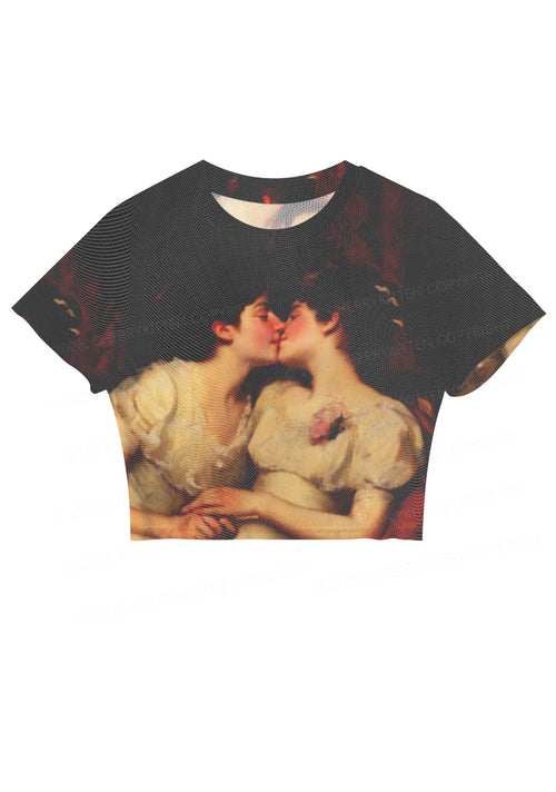 Vintage Women Kissing Pride Y2K Mesh Crop Top Cherrykitten