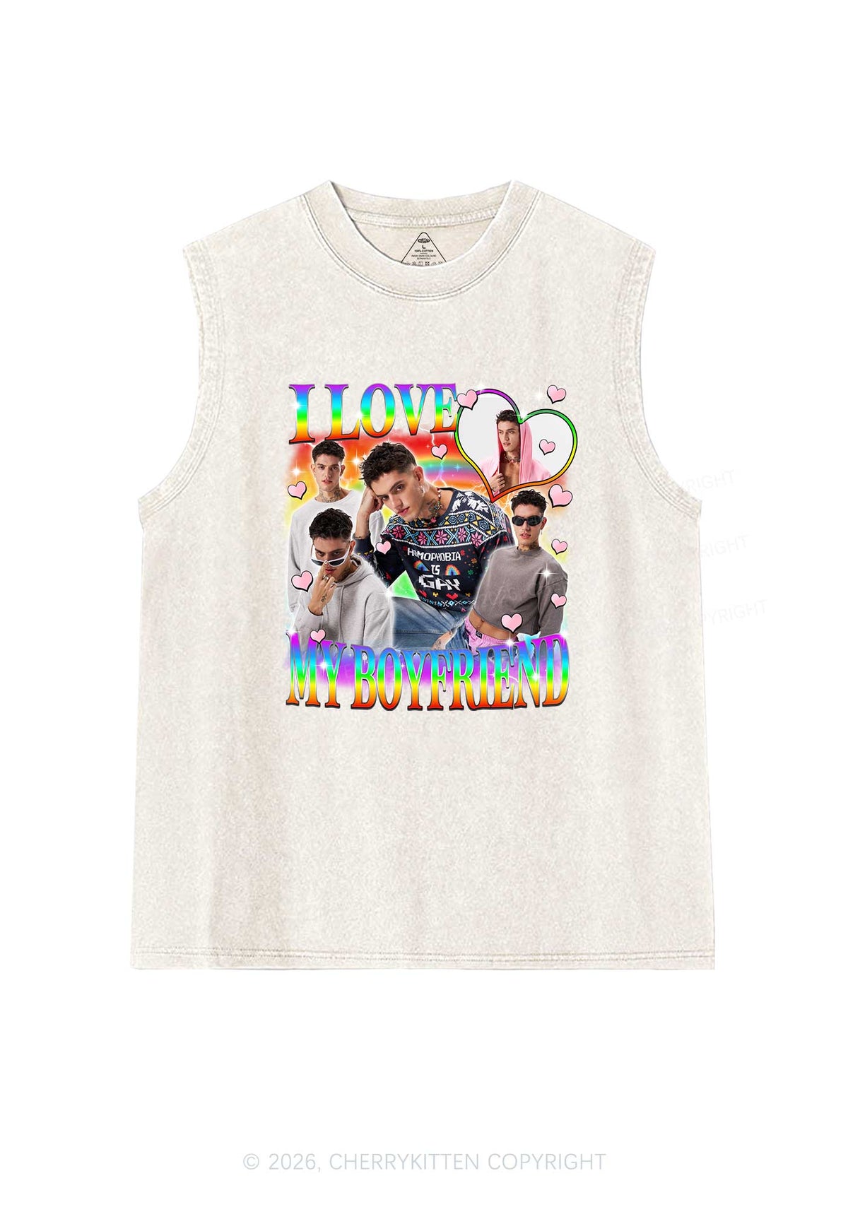 Custom I Love My Gay BF Pride Y2K Washed Muscle Tank Cherrykitten