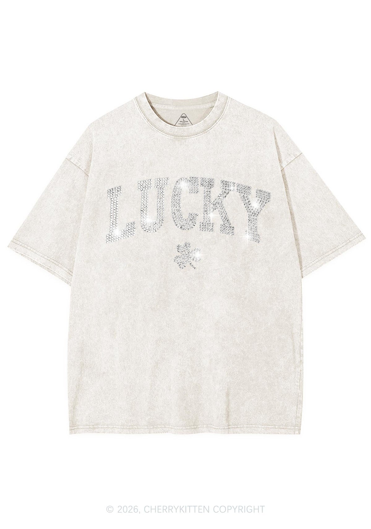 Rhinestone Lucky Shamrock St Patricks Y2K Shirts Washed Tee Cherrykitten
