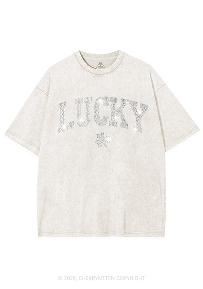 Rhinestone Lucky Shamrock St Patricks Y2K Shirts Washed Tee Cherrykitten