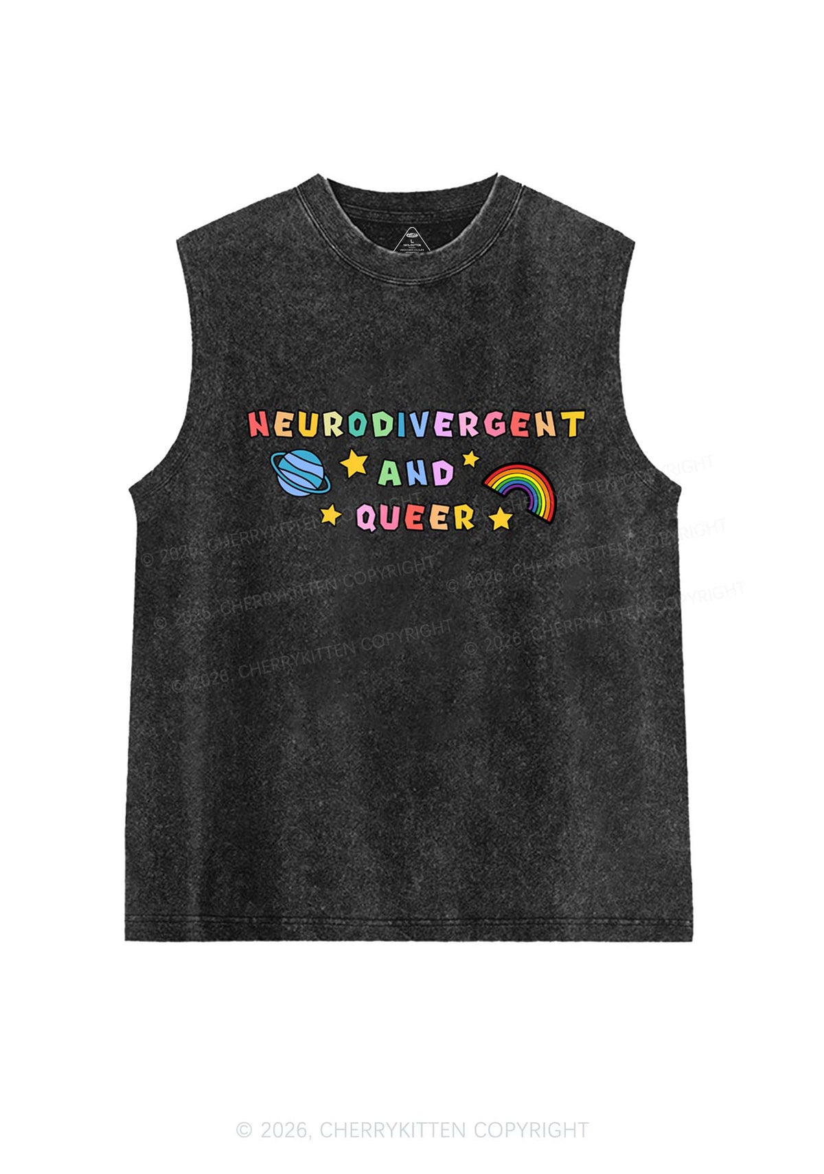 Neurodivergent And Queer Y2K Washed Muscle Tank Cherrykitten