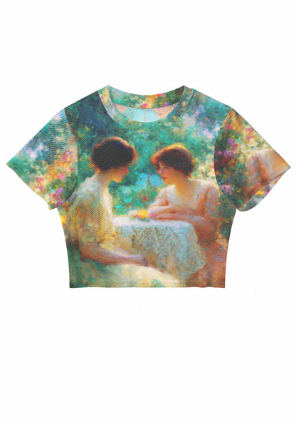 Garden Tea Scene Art Pride Y2K Mesh Crop Top Cherrykitten