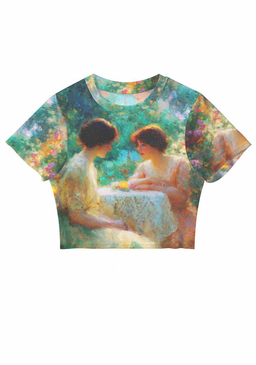 Garden Tea Scene Art Pride Y2K Mesh Crop Top Cherrykitten