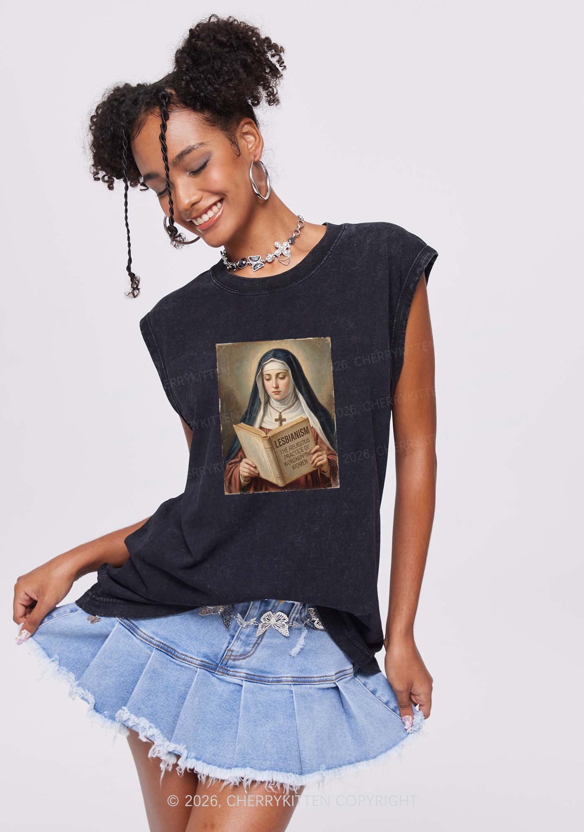 Lesbianism Nun Pride Y2K Washed Muscle Tank Cherrykitten