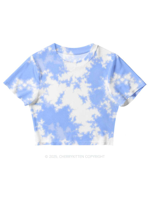 Blue Sky White Clouds Y2K Mesh Crop Top Cherrykitten