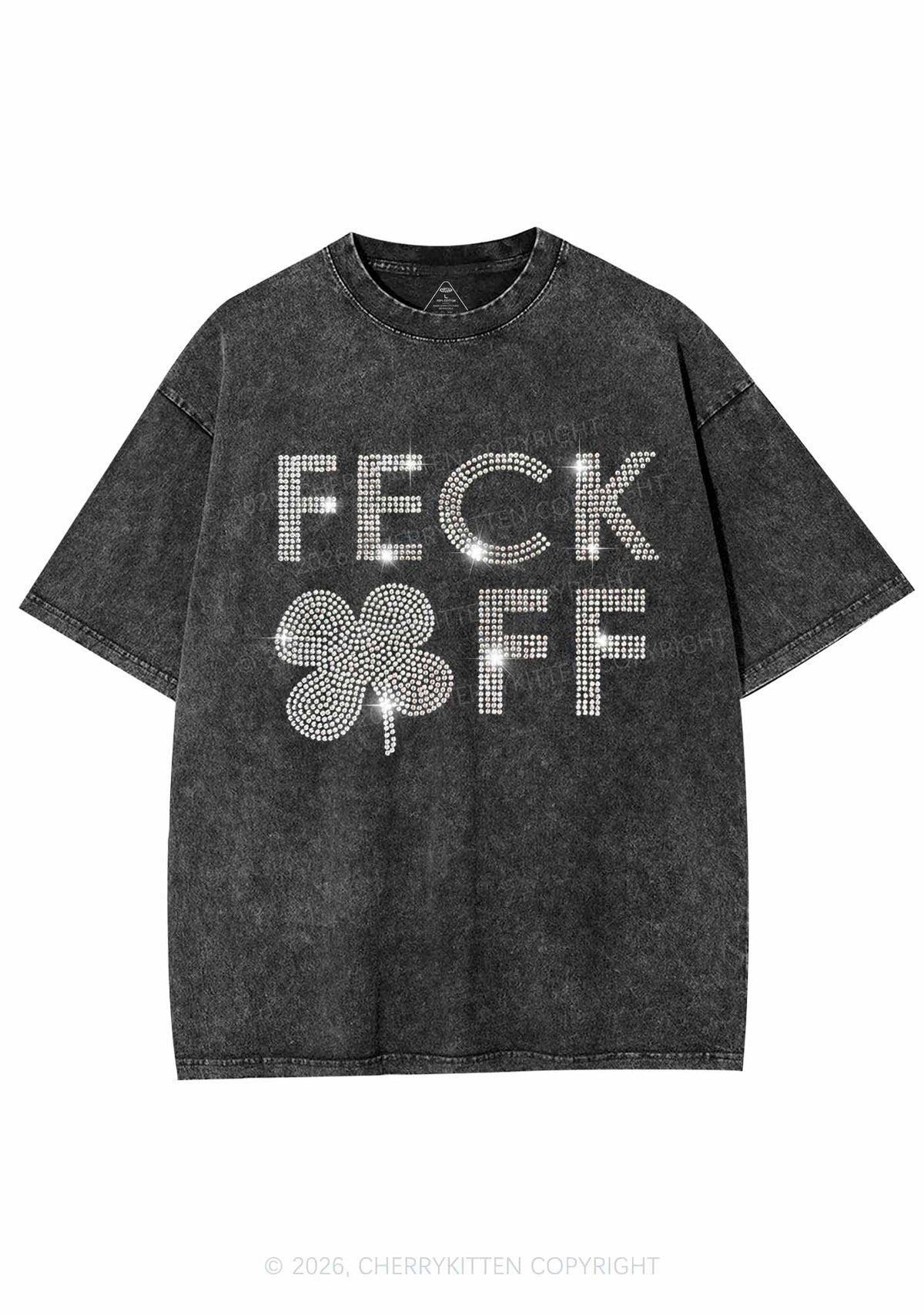 Rhinestone Feck Off St Patricks Y2K Shirts Washed Tee Cherrykitten