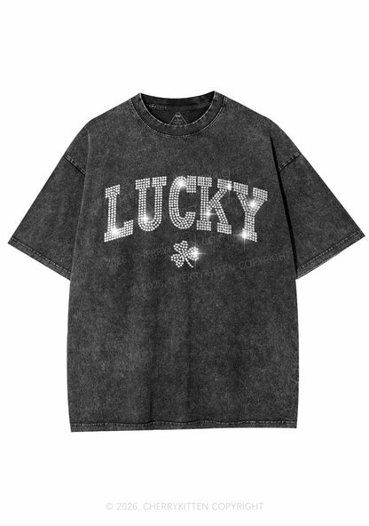 Rhinestone Lucky Shamrock St Patricks Y2K Shirts Washed Tee Cherrykitten
