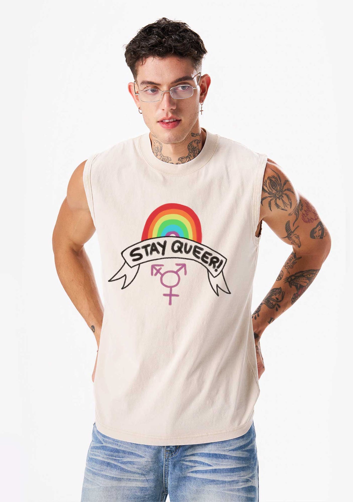 Stay Queer Pride Y2K Washed Muscle Tank Cherrykitten