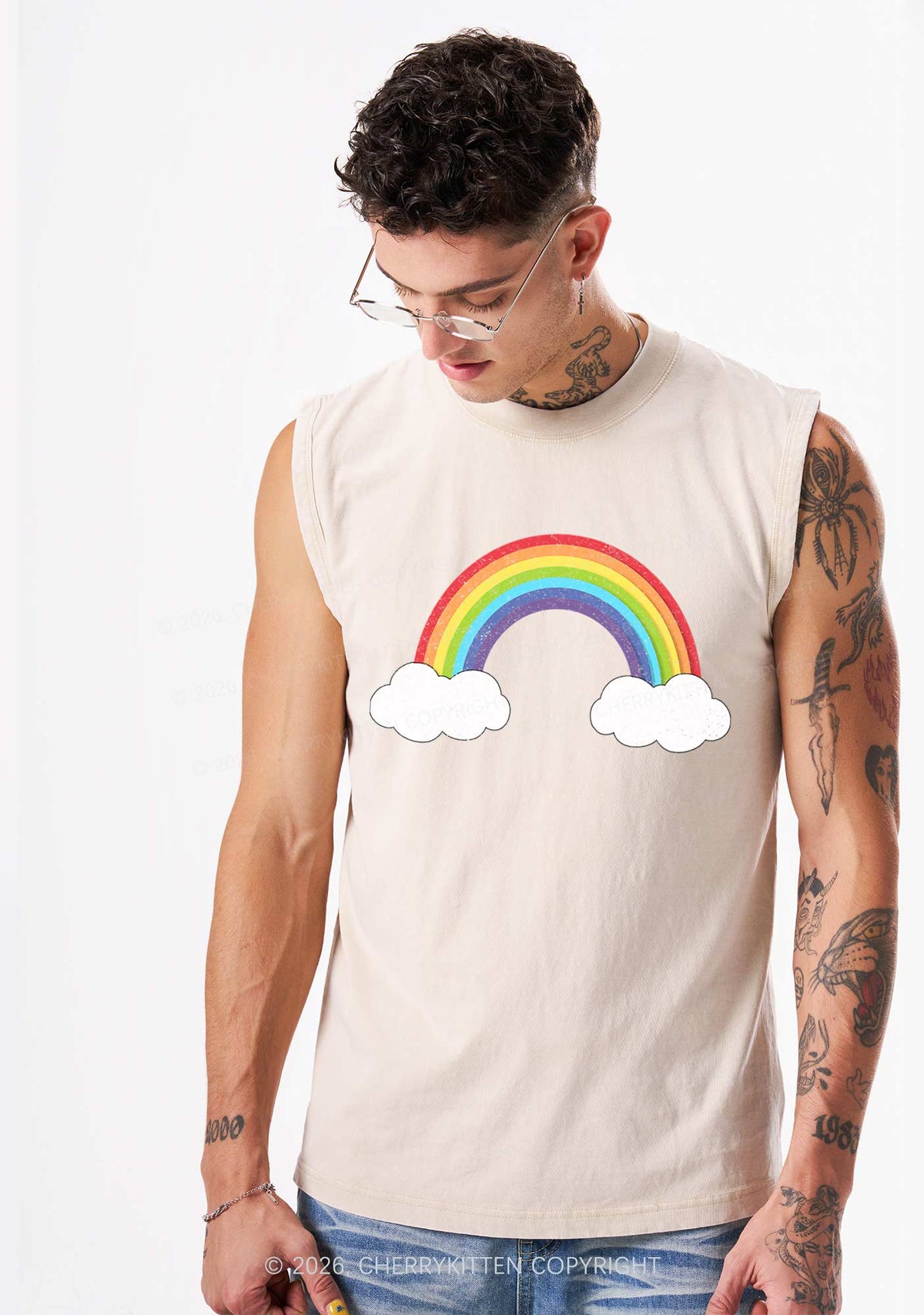 Rainbow Cloud Pride Y2K Washed Muscle Tank Cherrykitten