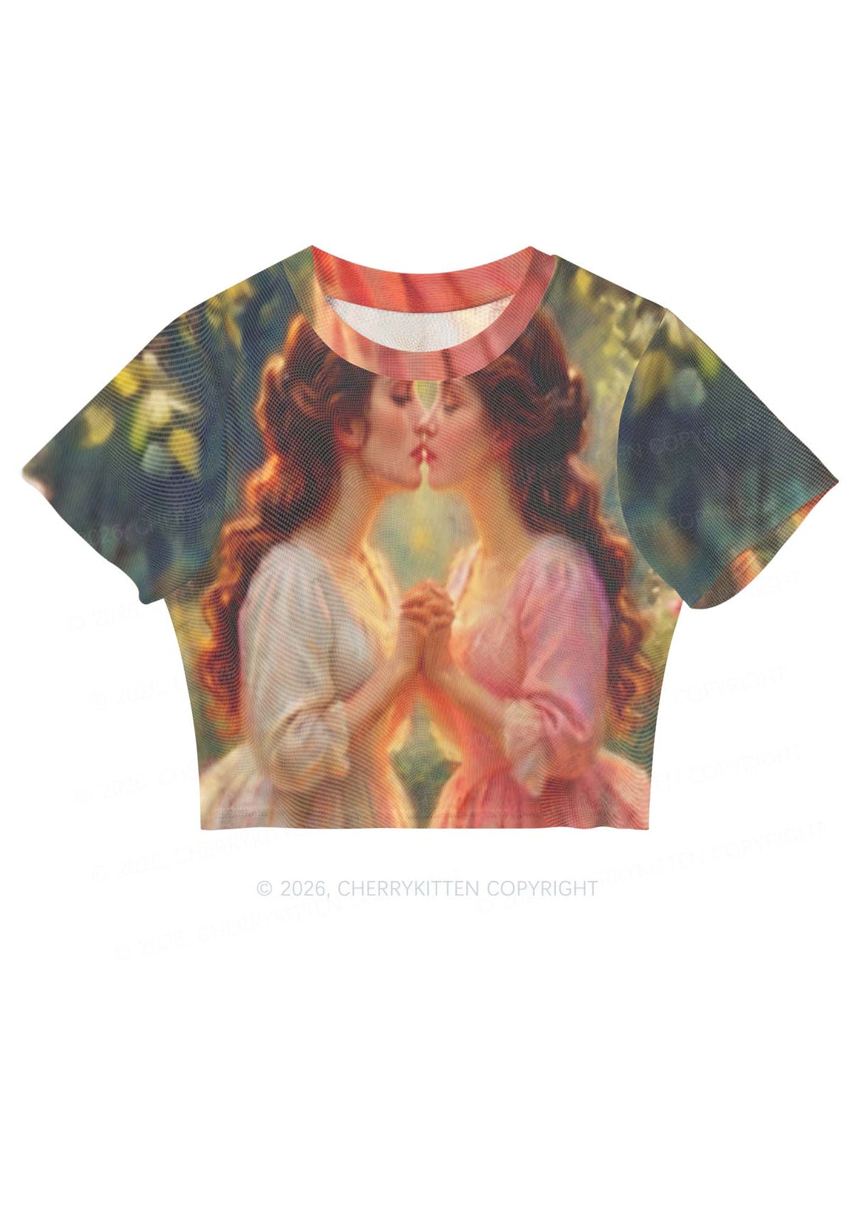 Girls Holding Hands Kissing Pride Y2K Mesh Crop Top Cherrykitten
