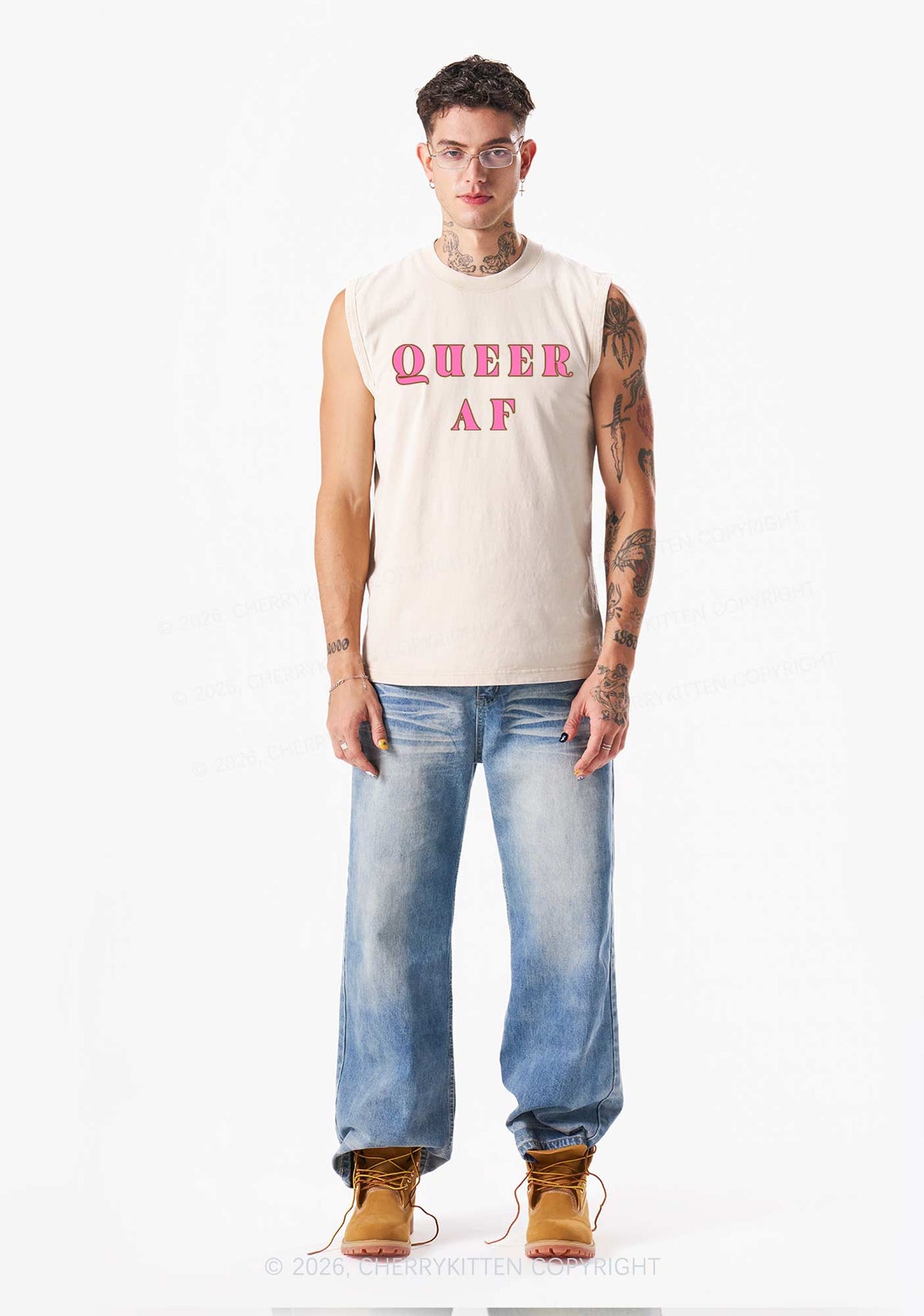 Queer AF Pride Y2K Washed Muscle Tank Cherrykitten