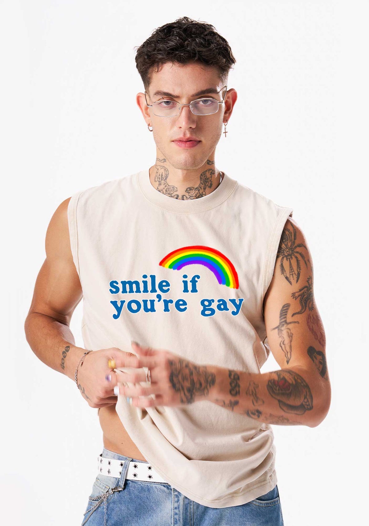 Rainbow Smile If You Are Gay Pride Y2K Washed Muscle Tank Cherrykitten