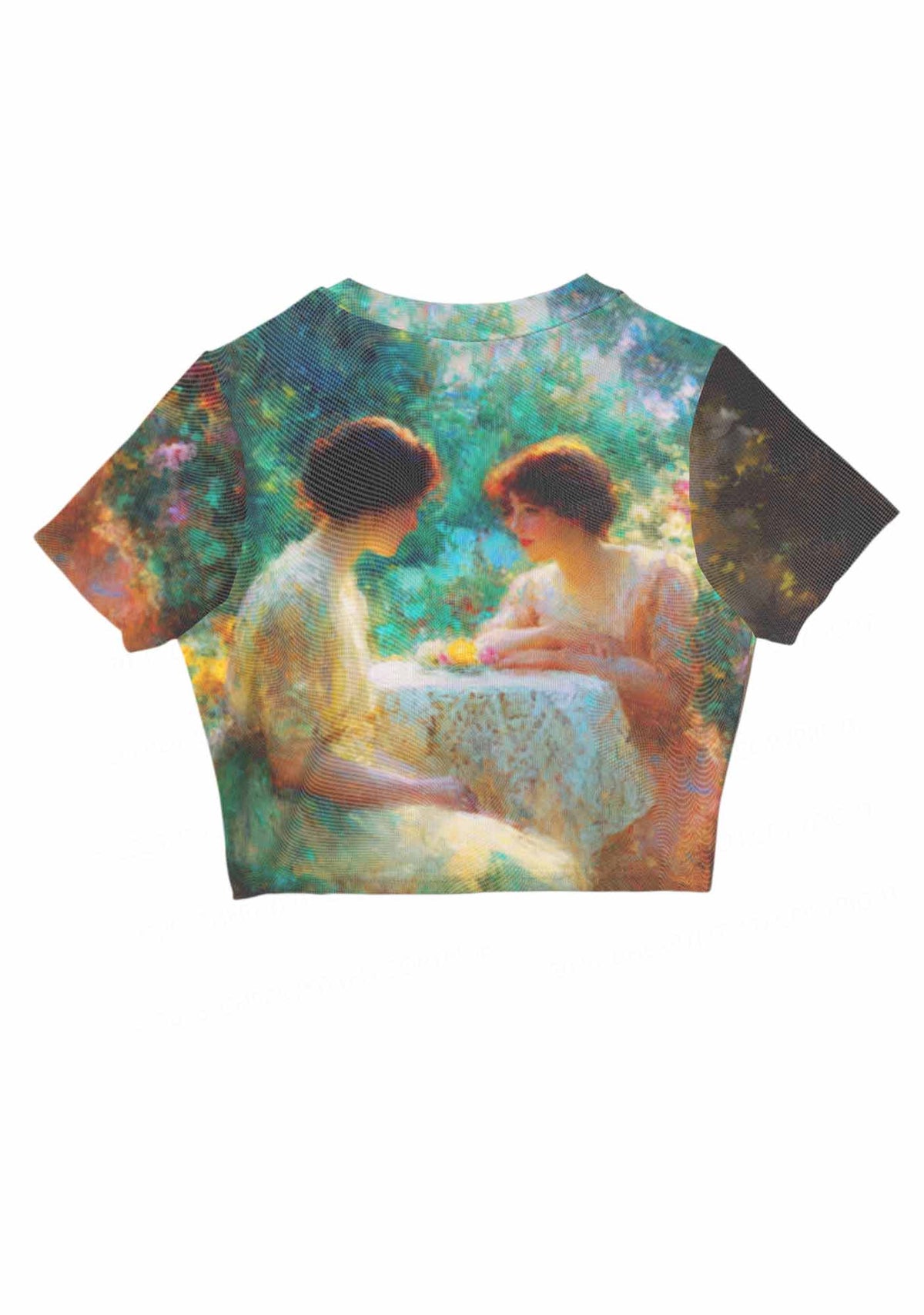 Garden Tea Scene Art Pride Y2K Mesh Crop Top Cherrykitten