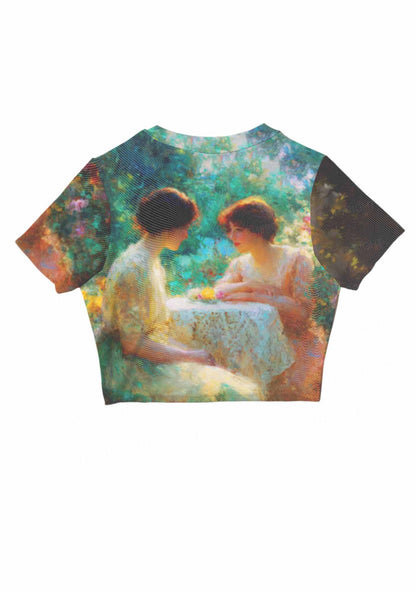 Garden Tea Scene Art Pride Y2K Mesh Crop Top Cherrykitten