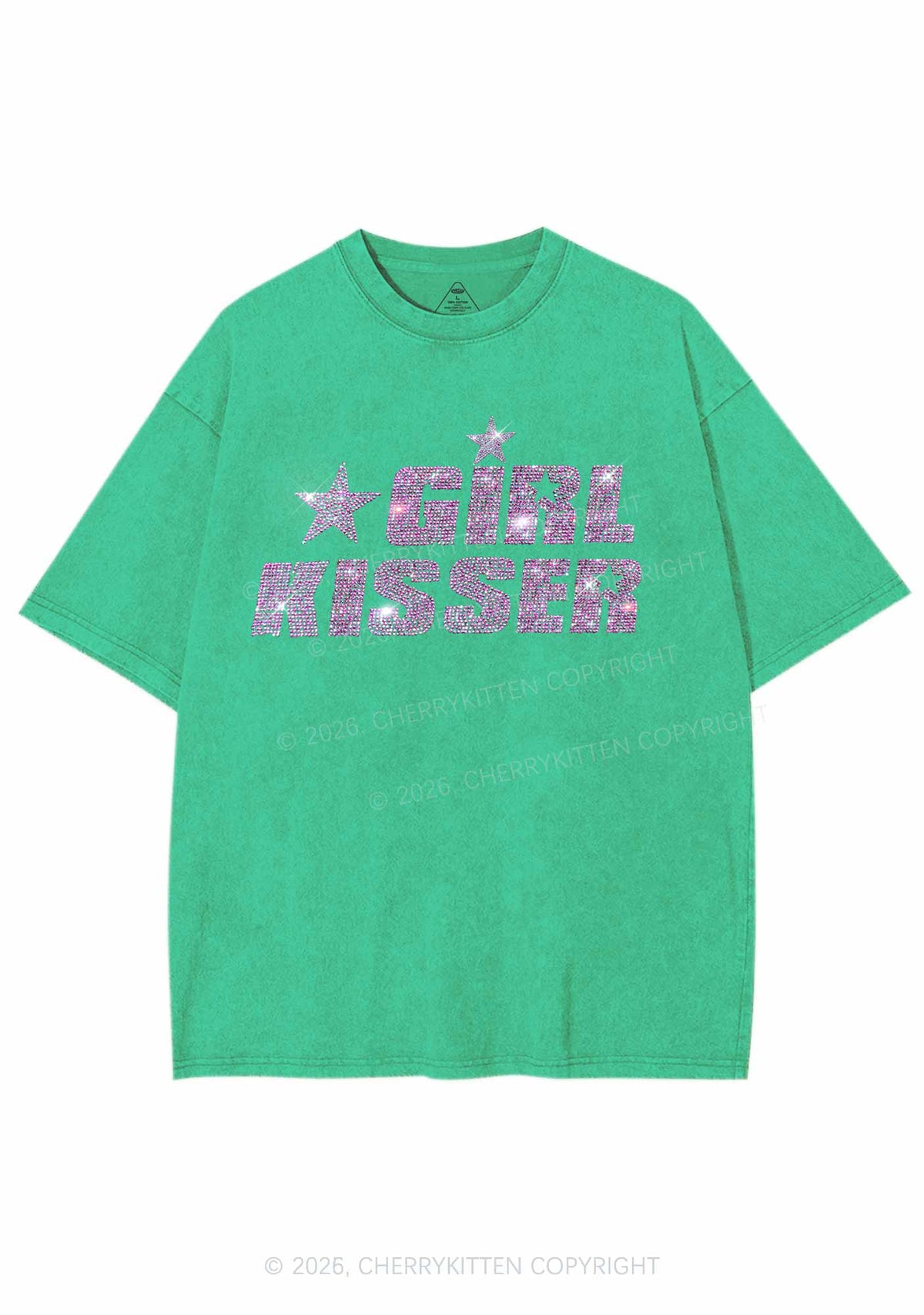 Rhinestone Girl Kisser Pride Y2K Shirts Washed Tee Cherrykitten