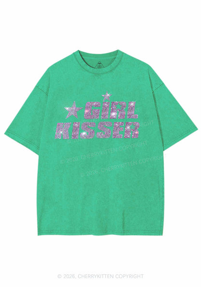 Rhinestone Girl Kisser Pride Y2K Shirts Washed Tee Cherrykitten
