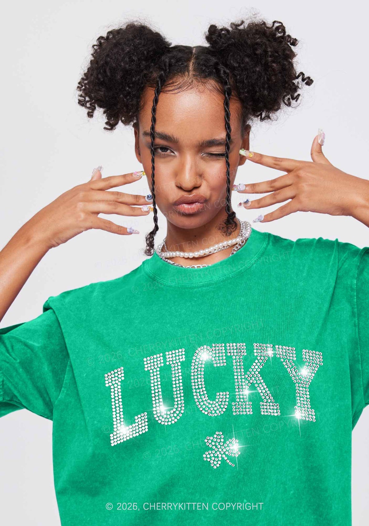 Rhinestone Lucky Shamrock St Patricks Y2K Shirts Washed Tee Cherrykitten