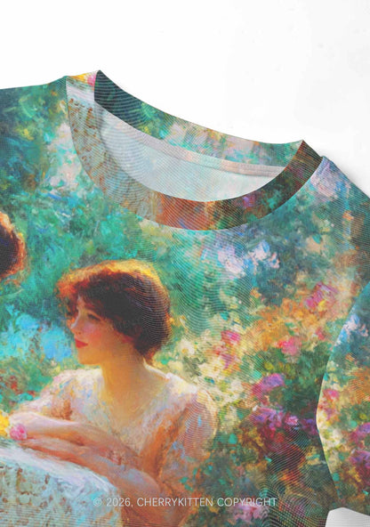 Garden Tea Scene Art Pride Y2K Mesh Crop Top Cherrykitten