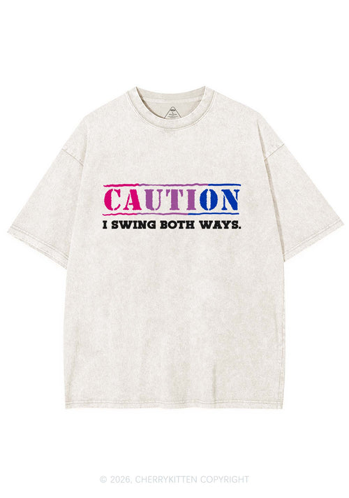 Caution I Swing Both Ways Pride Y2K Shirts Washed Tee Cherrykitten