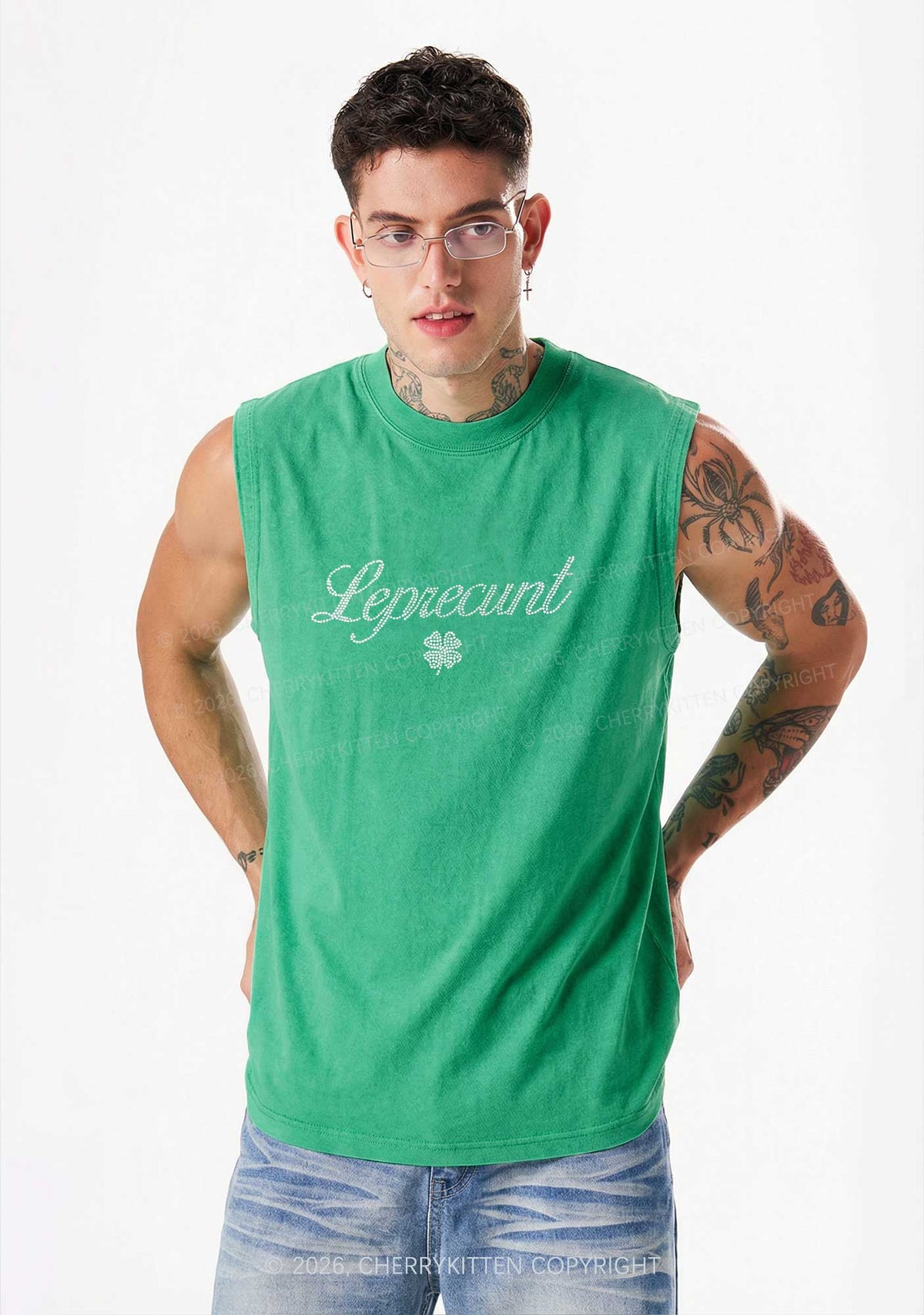 Rhinestone Leprecunt Y2K Washed Muscle Tank Cherrykitten