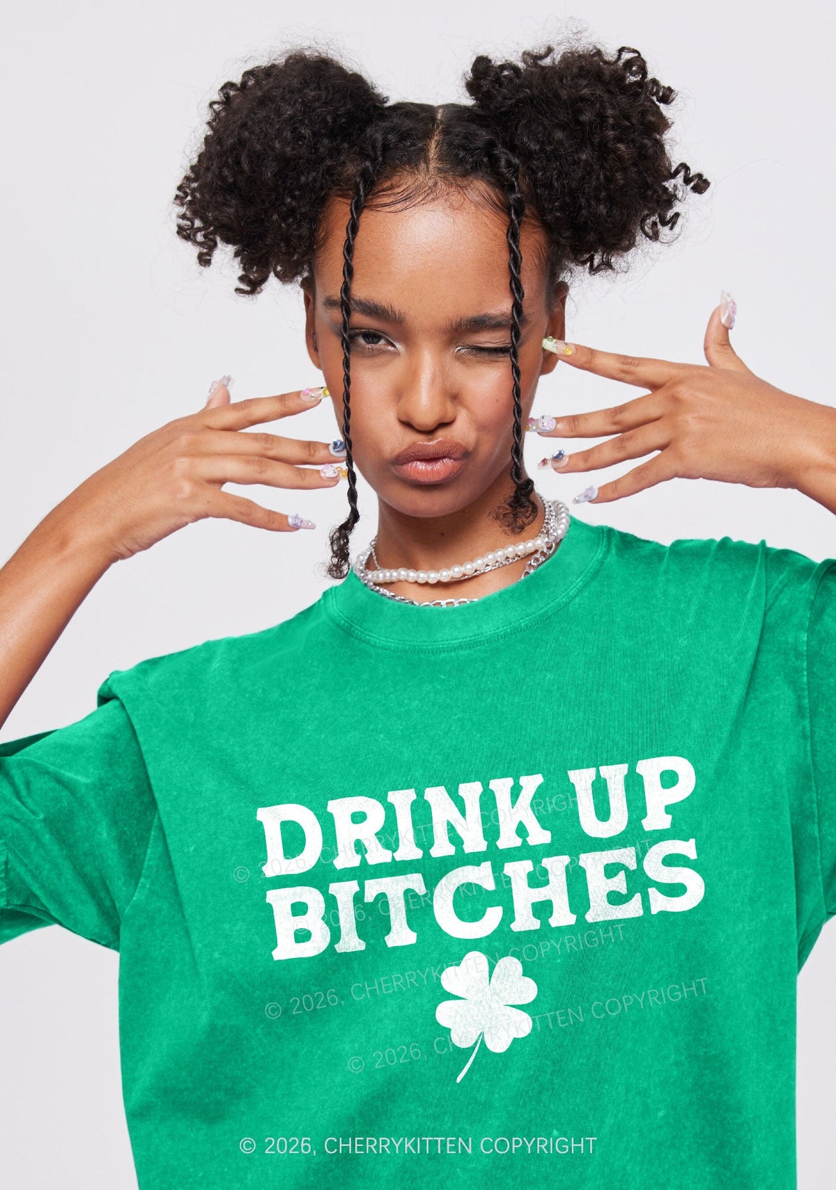 Drink Up Bxxch St Patricks Y2K Shirts Washed Tee Cherrykitten