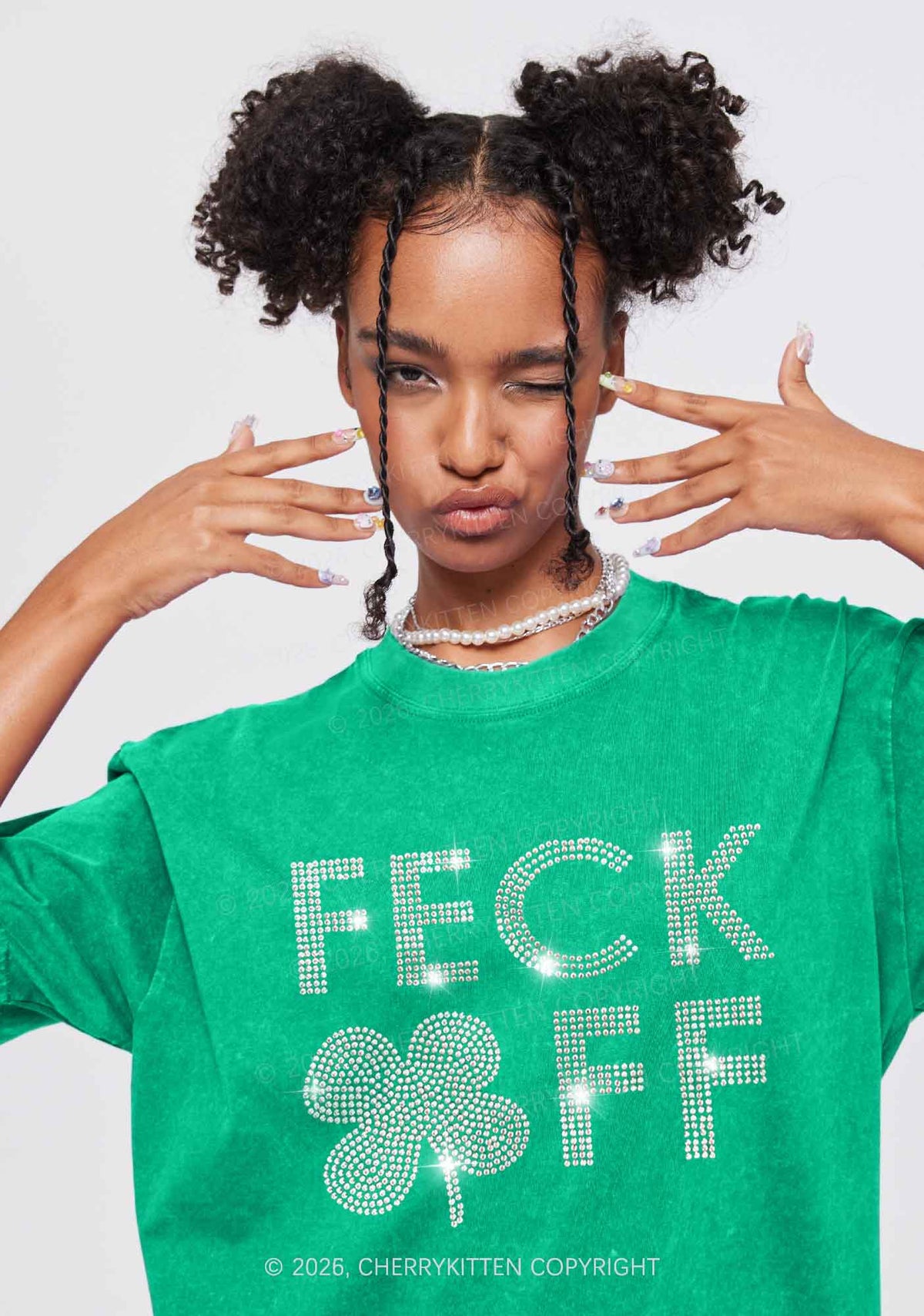 Rhinestone Feck Off St Patricks Y2K Shirts Washed Tee Cherrykitten