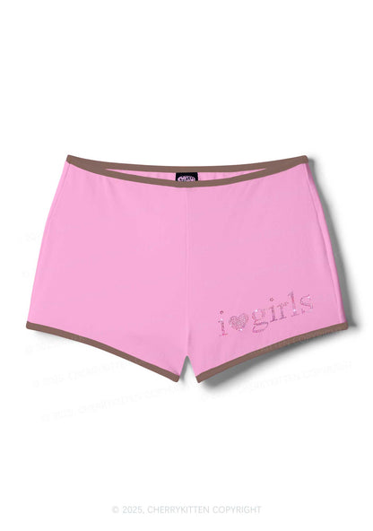 Rhinestone Pink I Love Girls Y2K Booty Shorts Cherrykitten