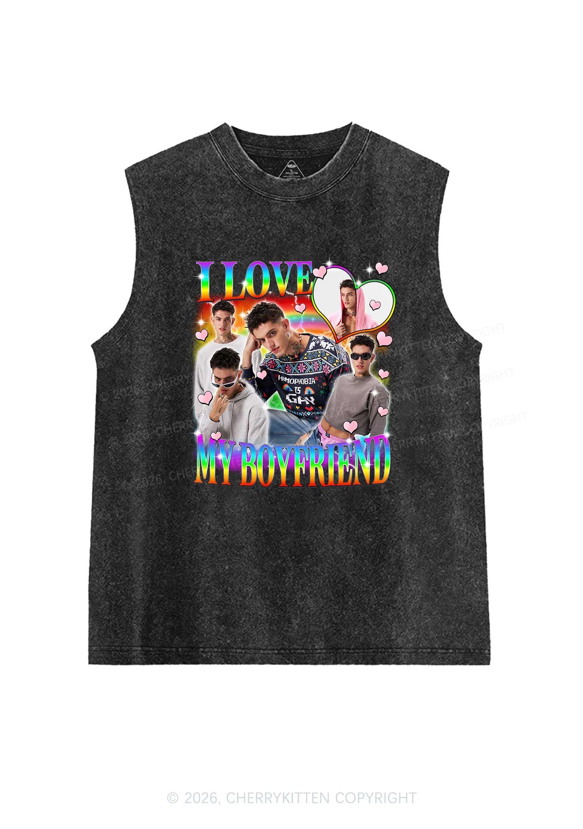Custom I Love My Gay BF Pride Y2K Washed Muscle Tank Cherrykitten
