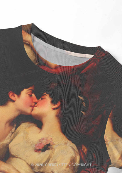 Vintage Women Kissing Pride Y2K Mesh Crop Top Cherrykitten